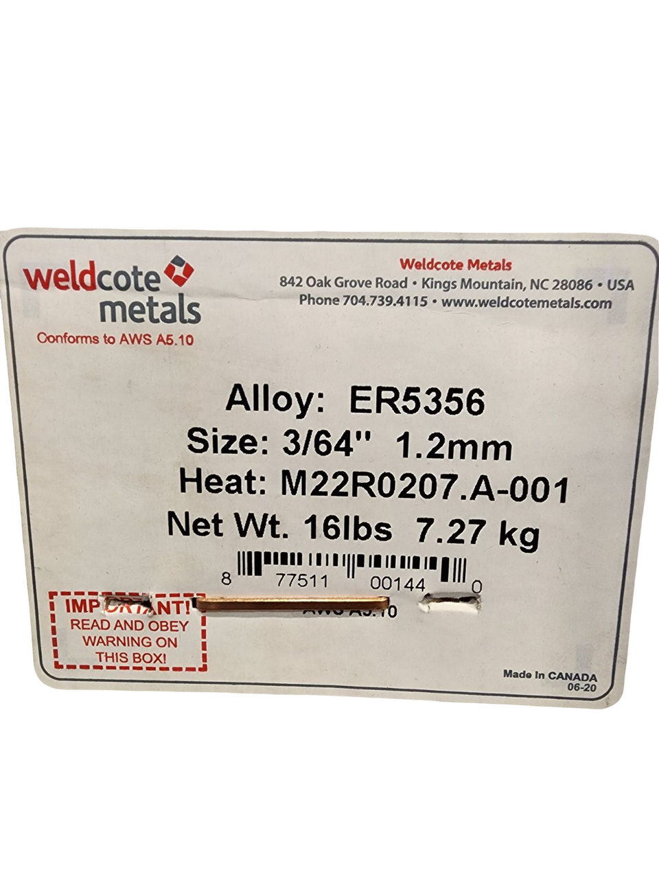 Weldcote Metals 5356 Aluminum Filler Metal – 3/64" x 16 lb (MIG or TIG Welding)