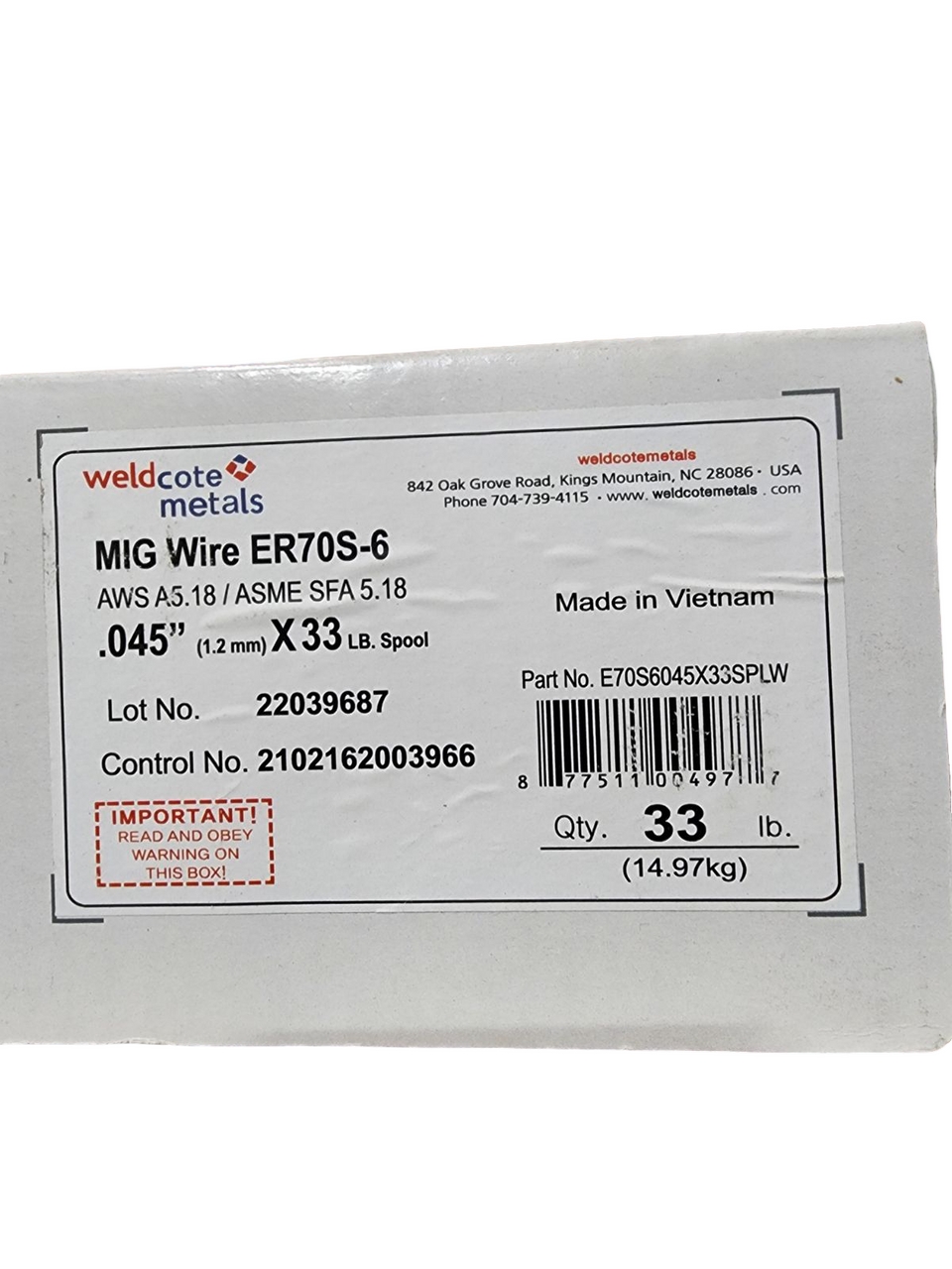 ER70S‑6 .045" x 33 lb Carbon Steel MIG Wire