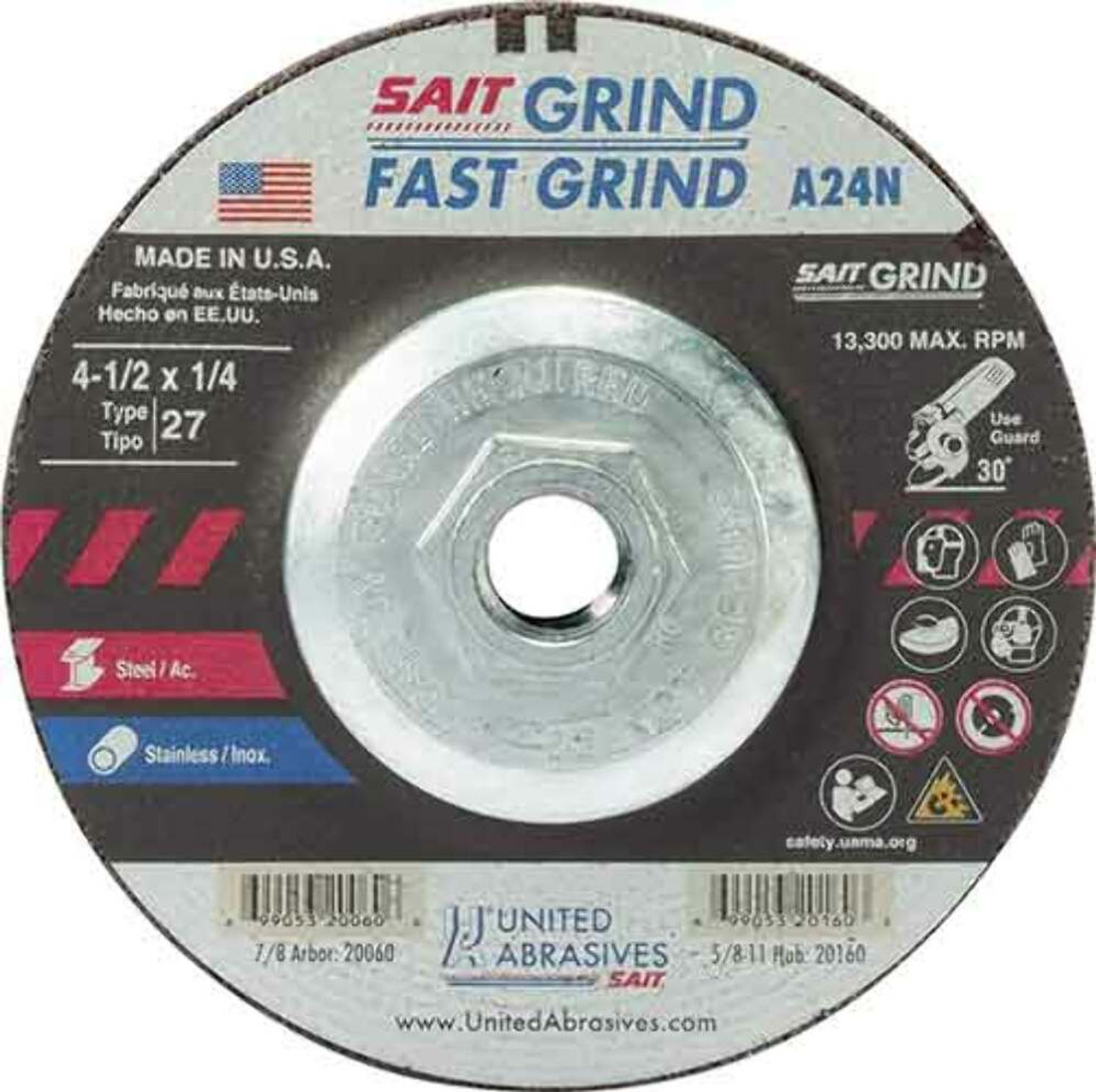 United Abrasives 20160 Grinding Wheel 4.5 In. x 1/4 In. x 5/8 In.-11 Type 27