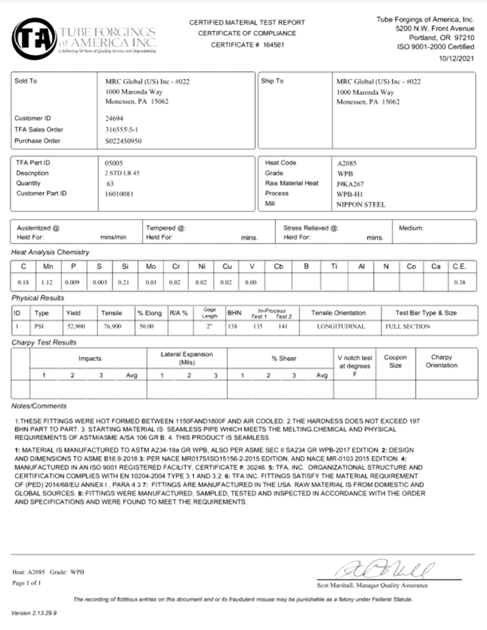 Tube Forgings of America 2" Elbow Weld 90Â° STD WPB