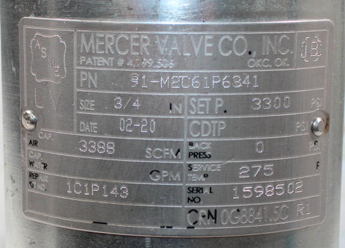 Mercer Valve 91-16C51P13C1 Pressure Relief Valve 3/4"