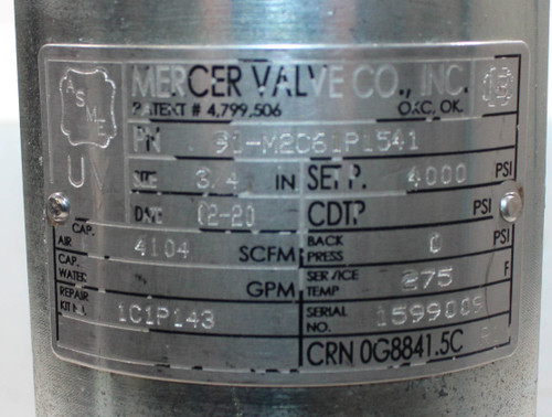 Mercer Valve 91-M2C61P1541 Pressure Relief Valve 3/4 In 4000 psig