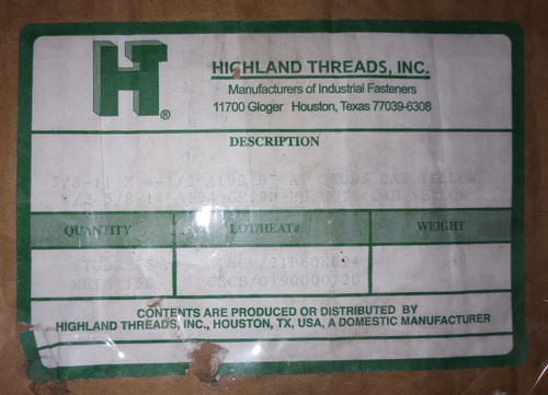 Highland Threads B7581141YCN Threaded Stud 5/8"- 11 X 4-1/2" With 2X Nuts