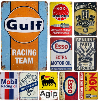 Vintage Metal Plates Classic Motor Parts Sales Service Garage Car Oil Texaco Signs Tin Poster Decorative Wall Stickers Deco Pub Bar Michelin Tag Champion Pontiac Castrol  Gulf Elf Mobil 1 Esso Mopar Gulf Bridgestone