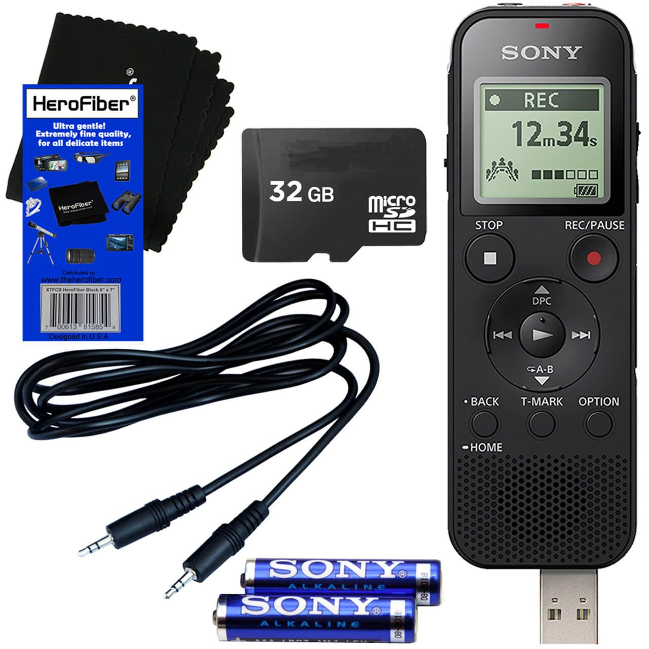 Sony ICD-PX470 Stereo Digital Voice Recorder with with Built-in 4GB & Direct USB + 32GB Micro SDHC Memory Card + Cable + AAA Batteries + HeroFiber Ultra Gentle Cleaning Cloth -