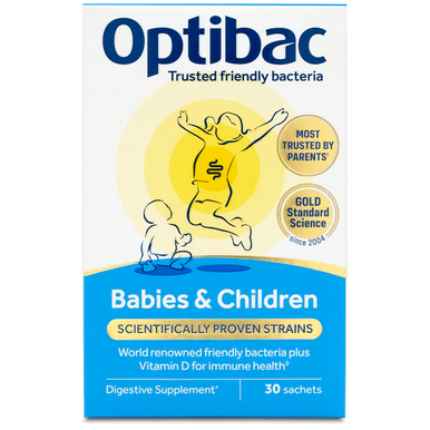 Optibac Probiotics Babies & Children - friendly bacteria for babies and children plus Vitamin D for immune health - front of pack - 30 sachets