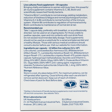 Optibac Women's Wellbeing - probiotics for energy, mind, skin, hormones and immune health - back of pack