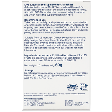 Optibac Probiotics Bifido & Fibre - friendly bacteria supplement with Bifidobacterium lactis BB-12 and FOS fibres - back of pack - 10 sachets