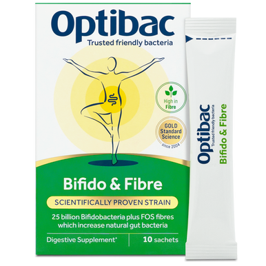 Optibac Probiotics Bifido & Fibre - friendly bacteria supplement with Bifidobacterium lactis BB-12 and FOS fibres - pack & sachet - 10 sachets