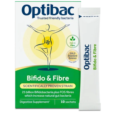 Optibac Probiotics Bifido & Fibre - friendly bacteria supplement with Bifidobacterium lactis BB-12 and FOS fibres - pack & sachet - 10 sachets