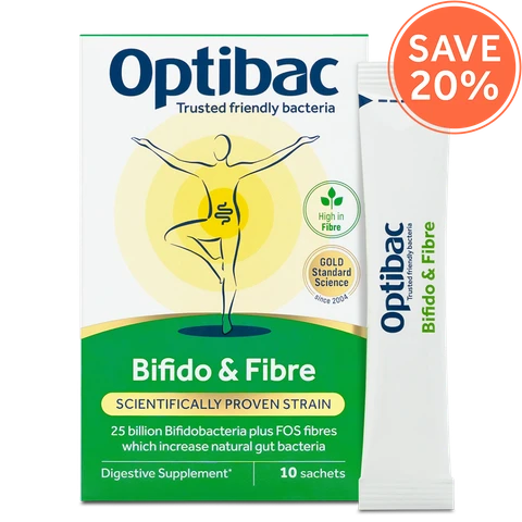 Optibac Probiotics Bifido & Fibre - friendly bacteria supplement with Bifidobacterium lactis BB-12 and FOS fibres - pack & sachet - 10 sachets