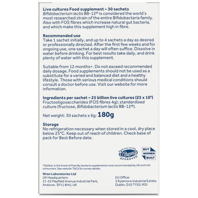 Optibac Probiotics Bifido & Fibre - friendly bacteria supplement with Bifidobacterium lactis BB-12 and FOS fibres - back of pack - 30 sachets