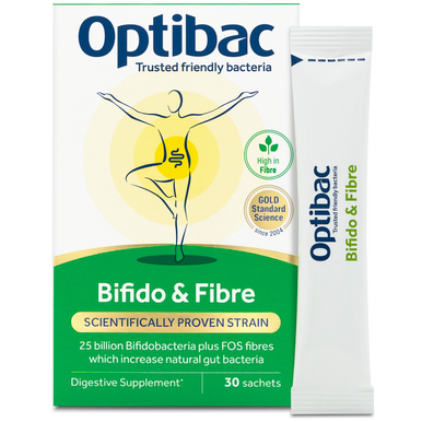 Optibac Probiotics Bifido & Fibre - friendly bacteria supplement with Bifidobacterium lactis BB-12 and FOS fibres - pack & sachet - 30 sachets