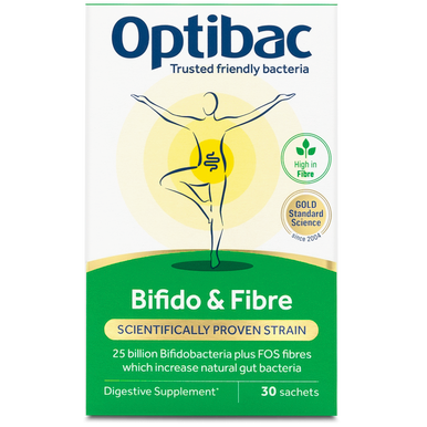 Optibac Probiotics Bifido & Fibre - friendly bacteria supplement with Bifidobacterium lactis BB-12 and FOS fibres - front of pack - 30 sachets