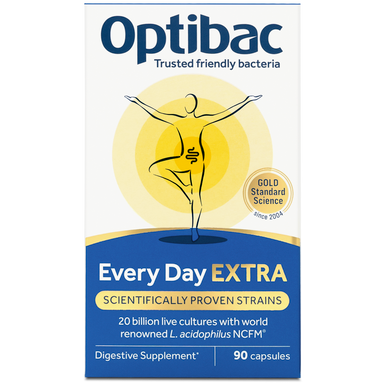 Optibac Probiotics Every Day EXTRA - a high strength probiotic supplement with scientifically proven strains - front of pack - 90 capsules