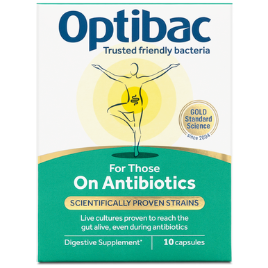 Optibac For Those on Antibiotics - probiotics proven to reach the gut alive, even during antibiotics - front of pack