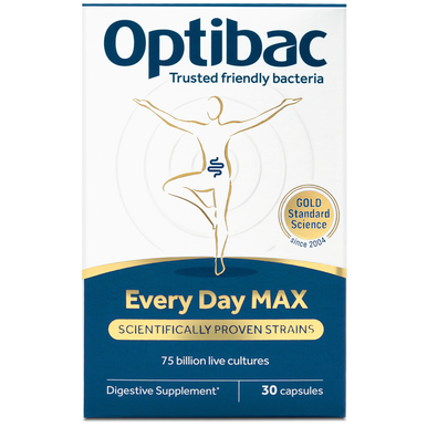 Optibac Probiotics Every Day MAX - a premium probiotic supplement with 75 billion live cultures - front of pack - 30 capsules
