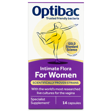 Optibac Probiotics Intimate Flora For Women - probiotics for women, specifically designed for the vaginal microbiome - front of pack - 14 capsules