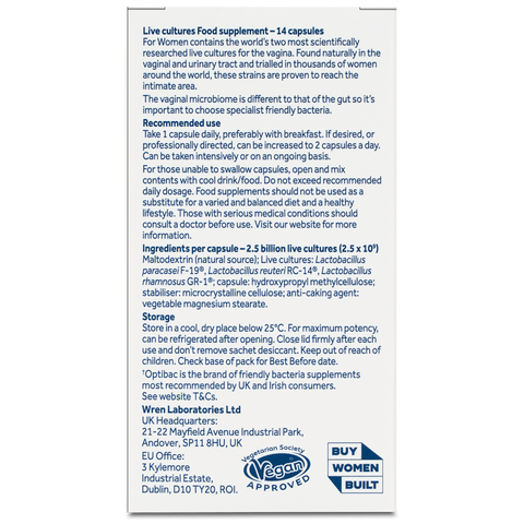 Optibac Probiotics Intimate Flora For Women - probiotics for women, specifically designed for the vaginal microbiome - back of pack - 14 capsules