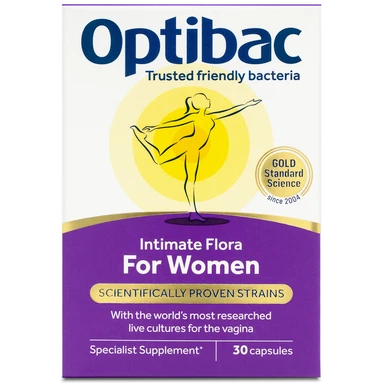 Optibac Probiotics Intimate Flora For Women - probiotics for women, specifically designed for the vaginal microbiome - front of pack - 30 capsules