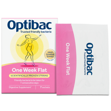 Optibac One Week Flat - a friendly bacteria supplement suitable for those with occasional bloating - front of pack with sachet - 7 sachets