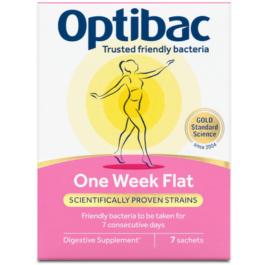 Optibac One Week Flat - a friendly bacteria supplement suitable for those with occasional bloating - front of pack - 7 sachets