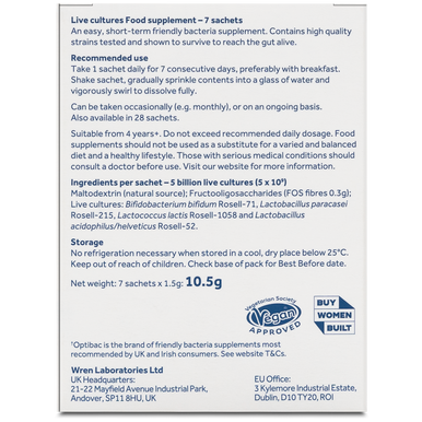 Optibac One Week Flat - a friendly bacteria supplement suitable for those with occasional bloating - back of pack - 7 sachets
