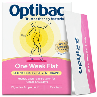 Optibac One Week Flat - a friendly bacteria supplement suitable for those with occasional bloating - front of pack with sachet - 7 sachets