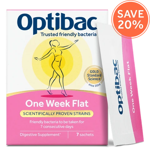 Optibac One Week Flat - a friendly bacteria supplement suitable for those with occasional bloating - front of pack with sachet - 7 sachets