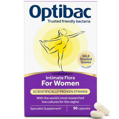 Optibac Probiotics Intimate Flora For Women - probiotics for women, specifically designed for the vaginal microbiome - front of pack & capsules - 90 capsules
