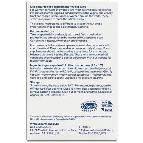 Optibac Probiotics Intimate Flora For Women - probiotics for women, specifically designed for the vaginal microbiome - back of pack - 90 capsules