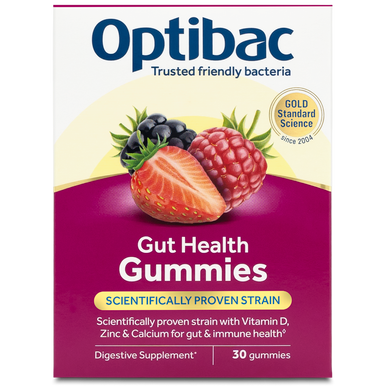 Optibac Probiotics Gut Health Gummies - scientifically proven probiotic strain with Vitamin D, Zinc and Calcium for gut & immune health - front of pack