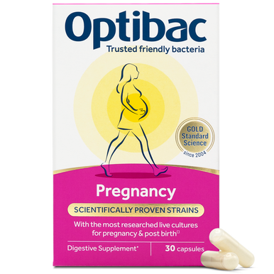 Optibac Pregnancy - probiotics for pregnancy and post birth - front of pack with capsules - 30 capsules