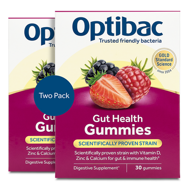 Optibac Probiotics Gut Health Gummies - scientifically proven probiotic strain with Vitamin D, Zinc and Calcium for gut & immune health - front of pack - 2 pack