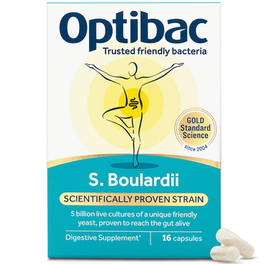 Optibac Probiotics pure Saccharomyces boulardii supplement - front of pack with capsules - 16 capsules