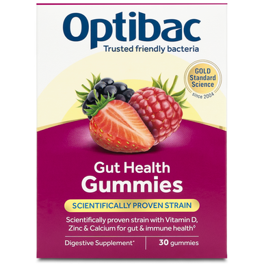 Optibac Probiotics Gut Health Gummies - scientifically proven probiotic strain with Vitamin D, Zinc and Calcium for gut & immune health - front of pack