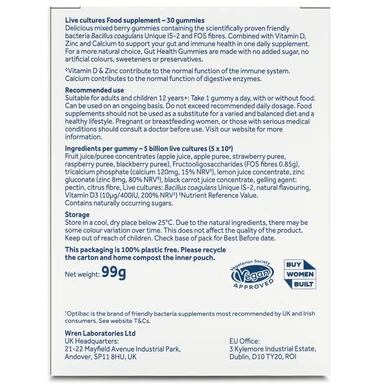 Optibac Probiotics Gut Health Gummies - scientifically proven probiotic strain with Vitamin D, Zinc and Calcium for gut & immune health - back of pack - 3 pack
