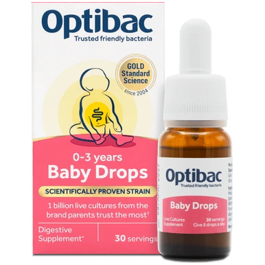 Optibac Probiotics Baby Drops - friendly bacteria for babies with Bifidobacterium breve M-16V, scientifically researched in babies and young children - front of pack - 30 servings