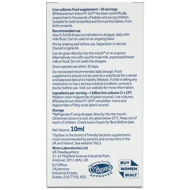 Optibac Probiotics Baby Drops - friendly bacteria for babies with Bifidobacterium breve M-16V, scientifically researched in babies and young children - back of pack - 30 servings