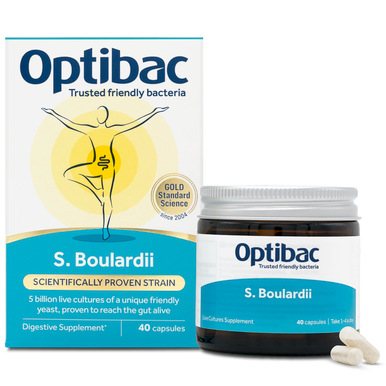 Optibac Probiotics pure Saccharomyces boulardii supplement - pack and jar - 40 capsules