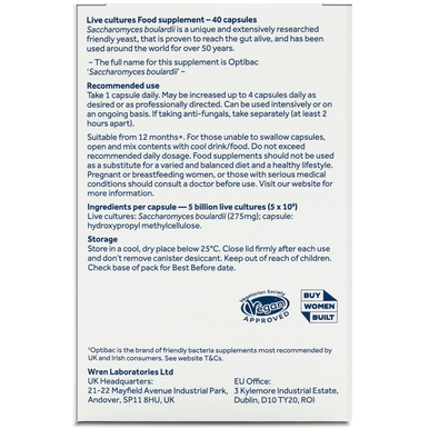Optibac Probiotics pure Saccharomyces boulardii supplement - back of pack - 40 capsules