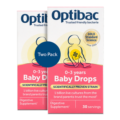 Optibac Probiotics Baby Drops - friendly bacteria for babies with Bifidobacterium breve M-16V, scientifically researched in babies and young children - front of pack - 2 pack