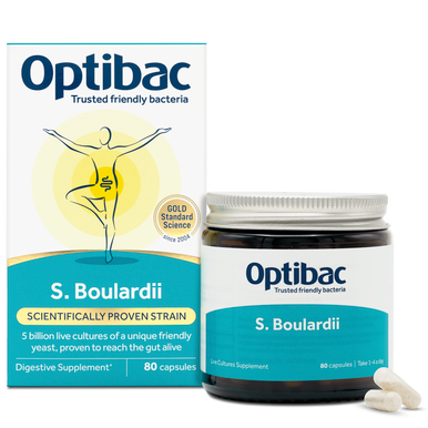 Optibac Probiotics pure Saccharomyces boulardii supplement - pack and jar - 80 capsules