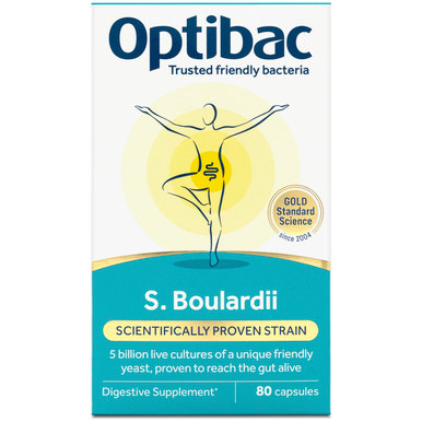 Optibac Probiotics pure Saccharomyces boulardii supplement - front of pack - 80 capsules