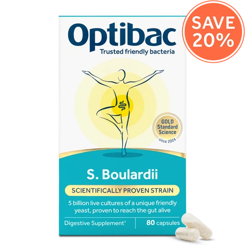 Optibac Probiotics pure Saccharomyces boulardii supplement - front of pack with capsules - 80 capsules