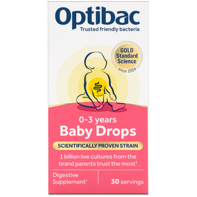 Optibac Probiotics Baby Drops - friendly bacteria for babies with Bifidobacterium breve M-16V, scientifically researched in babies and young children - front of pack