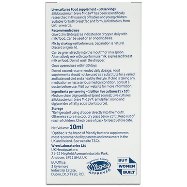 Optibac Probiotics Baby Drops - friendly bacteria for babies with Bifidobacterium breve M-16V, scientifically researched in babies and young children - back of pack - 3 pack