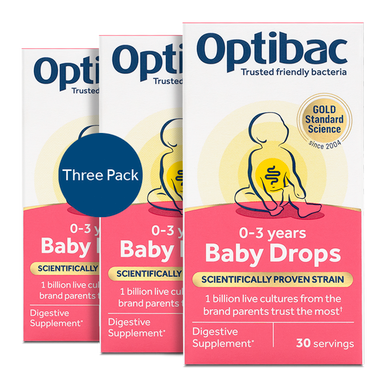 Optibac Probiotics Baby Drops - friendly bacteria for babies with Bifidobacterium breve M-16V, scientifically researched in babies and young children - front of pack - 3 pack