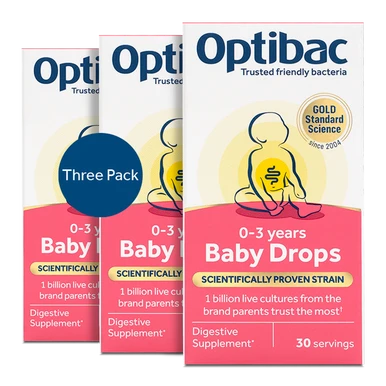 Optibac Probiotics Baby Drops - friendly bacteria for babies with Bifidobacterium breve M-16V, scientifically researched in babies and young children - front of pack - 3 pack