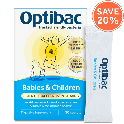 Optibac Probiotics Babies & Children - friendly bacteria for babies and children plus Vitamin D for immune health - front of pack - 10 sachets